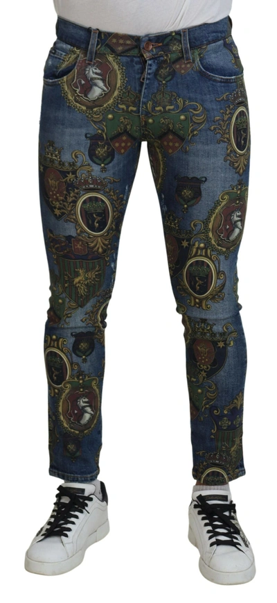 Shop Dolce & Gabbana Blue Medal Print Slim Fit Cotton Jeans
