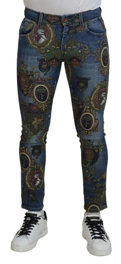 Dolce & Gabbana Blue Medal Print Slim Fit Cotton Jeans In Blue