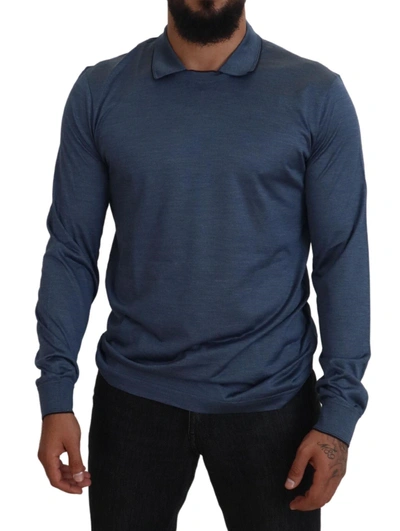 Shop Dolce & Gabbana Blue Silk Collar Polo Pullover Sweater