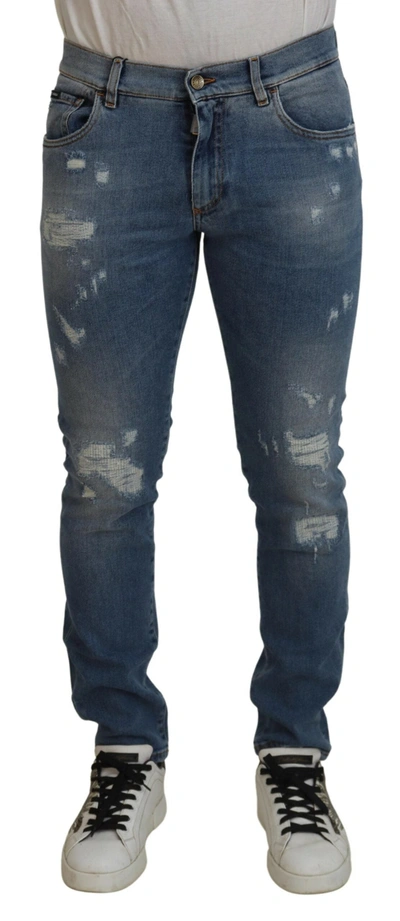 Shop Dolce & Gabbana Blue Slim Fit Tattered Cotton Denim Jeans