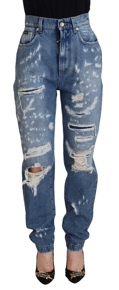 Shop Dolce & Gabbana Blue Washed Cotton Tattered Denim Jeans
