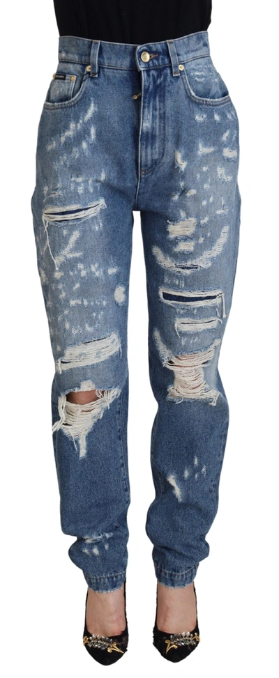 Dolce & Gabbana Blue Washed Cotton Tattered Denim Jeans In Blue