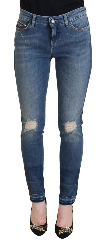 Shop Dolce & Gabbana Blue Washed Cotton Tattered Denim Jeans