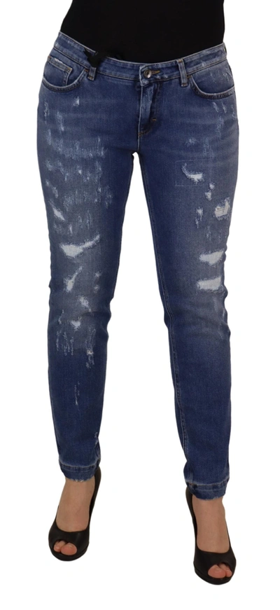 Shop Dolce & Gabbana Blue Washed Cotton Skinny Low Waist Denim Jeans