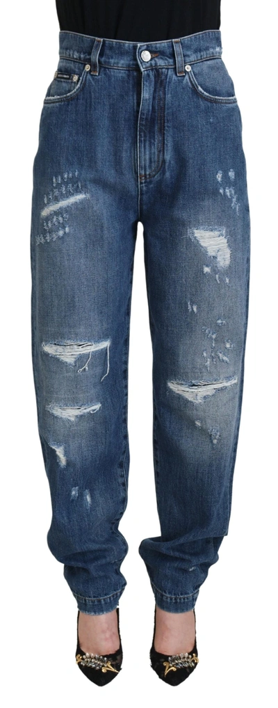 Shop Dolce & Gabbana Blue Washed Cotton Tattered Denim Jeans