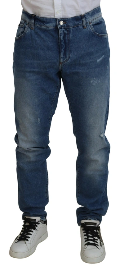 Shop Dolce & Gabbana Blue Washed Skinny Cotton Denim Jeans