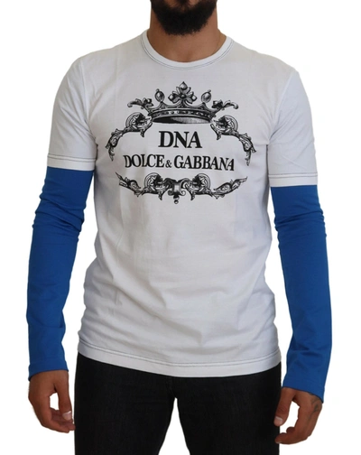 Shop Dolce & Gabbana Blue White Dna Crewneck Pullover Sweater