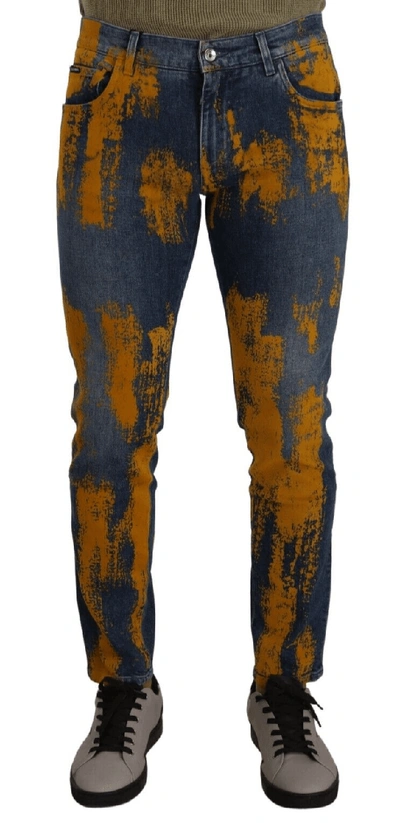 Shop Dolce & Gabbana Blue Yellow Dye Cotton Skinny  Denim Jeans