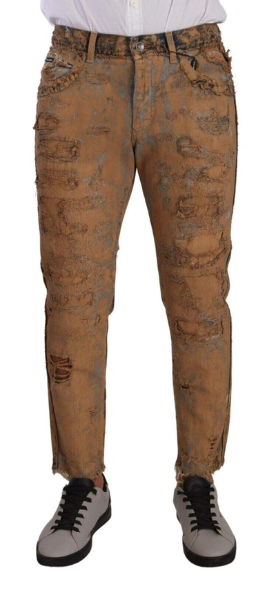 Dolce & Gabbana Brown Distressed Cotton Regular Denim Jeans In Brown