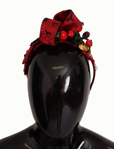 Shop Dolce & Gabbana Cherry Silk Crystal Bow Logo Diadem Tiara Headband In Red