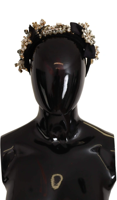 Shop Dolce & Gabbana Clear Crystal Embellished Silk Fiocco Diadem Headband In Gold Black