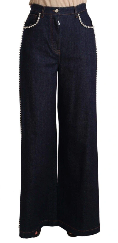 Shop Dolce & Gabbana Dark Blue Crystal Embellished Flare Jeans