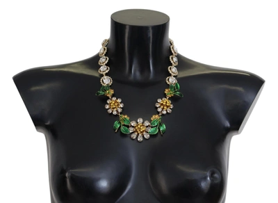 Shop Dolce & Gabbana Gold Brass Crystal Logo Floral Statement Necklace