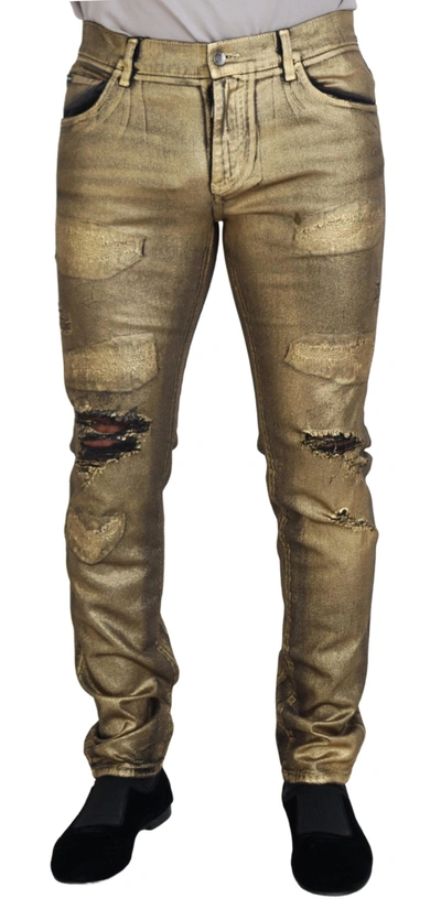 Shop Dolce & Gabbana Gold Cotton Tattered Skinny  Denim Jeans