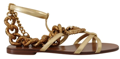 Shop Dolce & Gabbana Gold Leather Devotion Flats Sandals