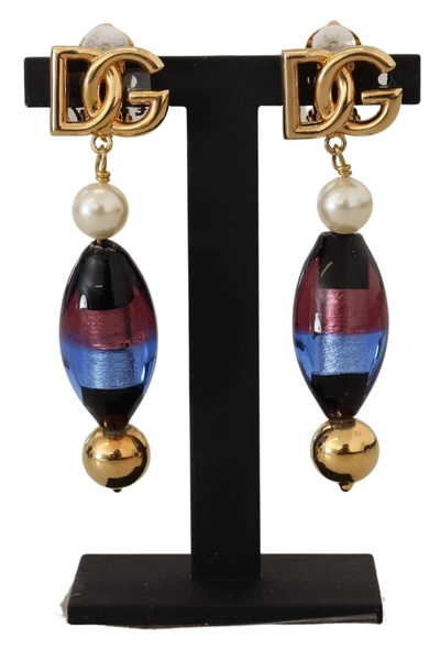 Shop Dolce & Gabbana Gold Plated Brass Glass Design Dangling Earrings