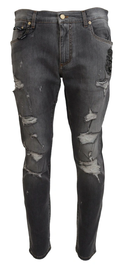 Shop Dolce & Gabbana Gray Embroidery Tattered Slim Fit Denim Jeans