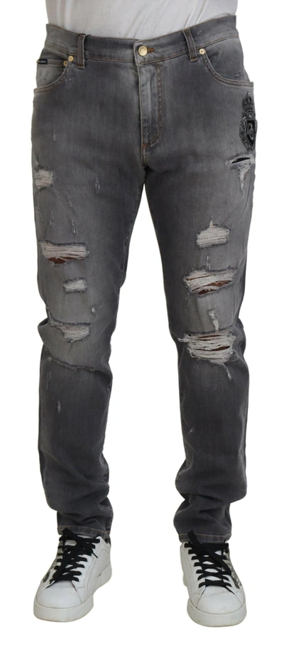 Shop Dolce & Gabbana Gray Embroidery Tattered Cotton Denim Jeans