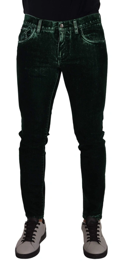 Shop Dolce & Gabbana Green Cotton Stretch Skinny Slim Fit Jeans In Black