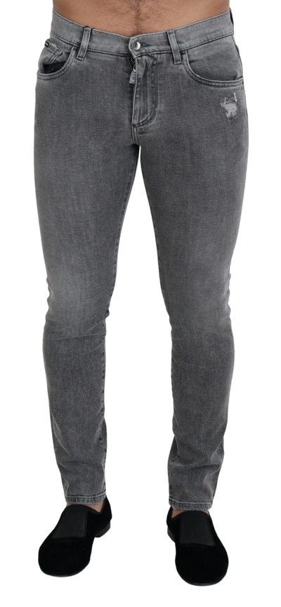 Shop Dolce & Gabbana Grey Washed Cotton Skinny Denim Jeans In Gray