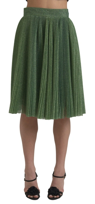 Shop Dolce & Gabbana Metallic Green High Waist A-line Pleated Skirt