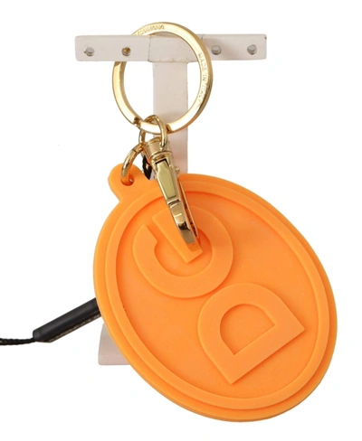 Dolce & Gabbana Orange Rubber Dg Logo Gold Brass Metal Keychain In Orange