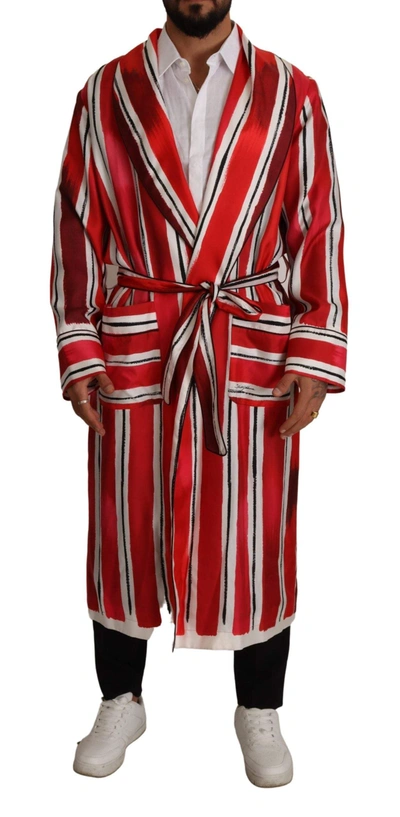 Shop Dolce & Gabbana Red White Striped Silk  Night Gown Robe