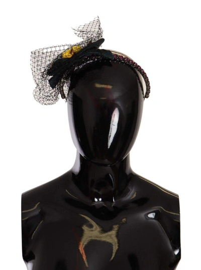 Dolce & Gabbana Silver Tiara Crystals Fruits Black Mesh Diadem Headband In Black