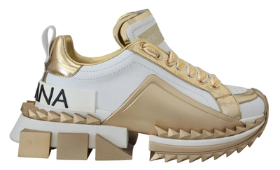 Shop Dolce & Gabbana White And Gold Super Queen Leather Shoes