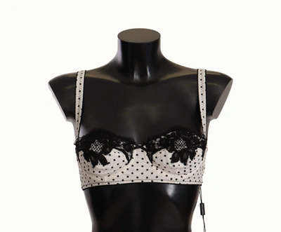 Shop Dolce & Gabbana White Black Polka Dot Satin Lace Balconette Bra