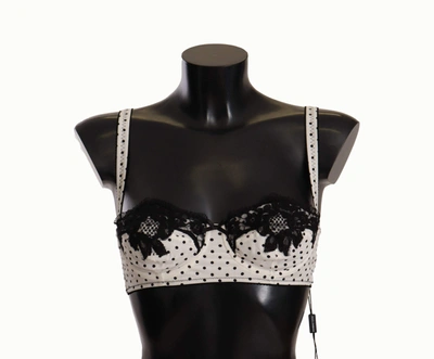 Dolce & Gabbana White Black Polka Dot Satin Lace Balconette Bra In White