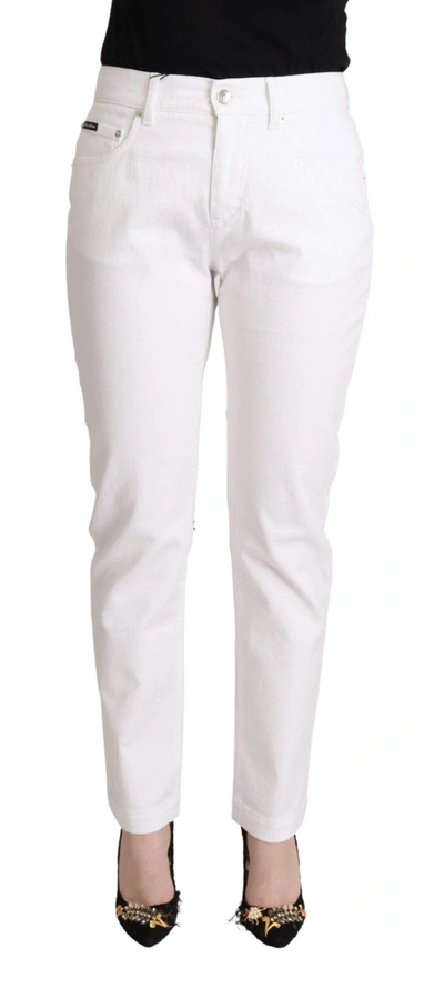 Shop Dolce & Gabbana White Cotton Mid Waist Denim Tapered Jeans