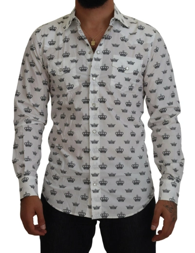 Shop Dolce & Gabbana White Crown Print Slim Fit Cotton Shirt