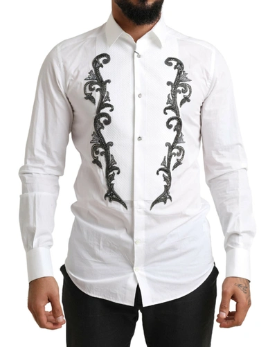 Shop Dolce & Gabbana White Tuxedo Slim Fit Baroque Shirt