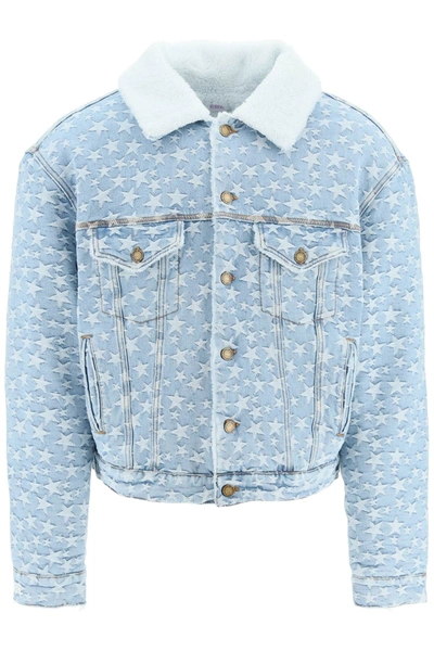 Shop Erl Denim Jacket With Stars Embroidery In Light Blue