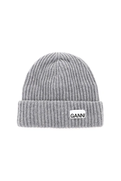 Shop Ganni Beanie With Patch Logo In Grey