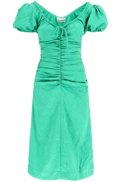 Shop Ganni Crinkle Satin Midi Dress In Green