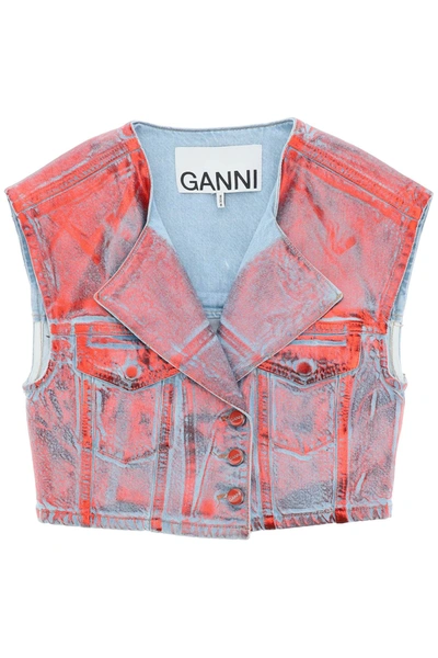 Shop Ganni Cropped Vest In Laminated Denim In Mixed Colours