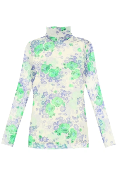 Shop Ganni Long-sleeved Top In Mesh With Floral Pattern In Mixed Colours