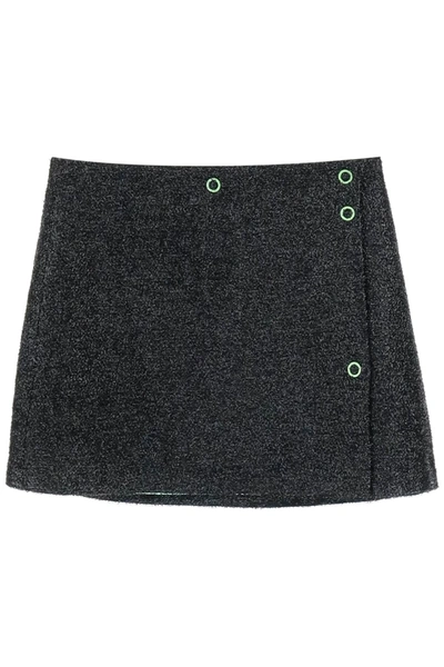 Shop Ganni Mini Lamé Tweed Wrap Skirt In Black