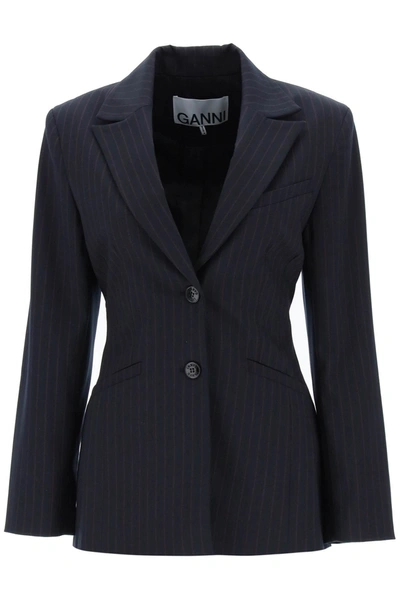 Shop Ganni Single-breasted Pinstriped Blazer In Mixed Colours