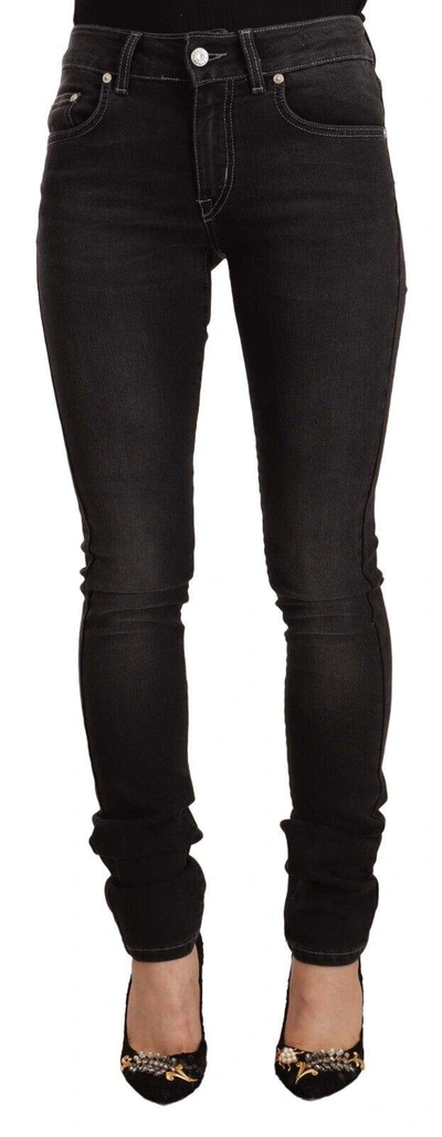 Gf Ferre' Black Washed Mid Waist Cotton Denim Skinny Jeans In Black