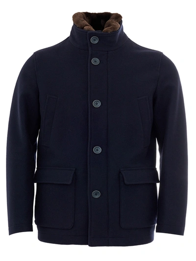 Shop Herno Blue Wool Jacket With Fur Collar