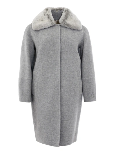 Shop Herno Grey Wool Coat With Fur Collar