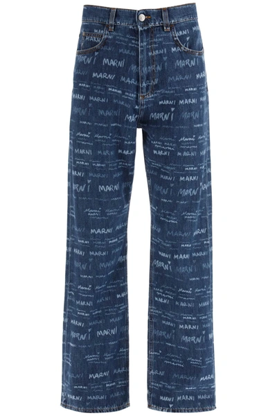 Shop Marni Light Jeans With Allover Logo In Blue