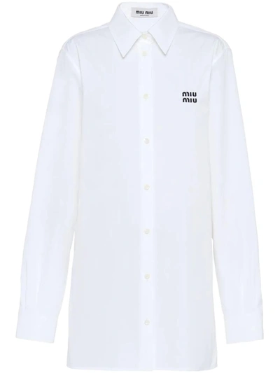Shop Miu Miu Logo-embroidered Point-collar Shirt In White