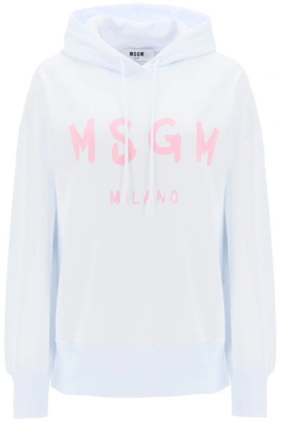 Shop Msgm Brushed Logo Hoodie In White