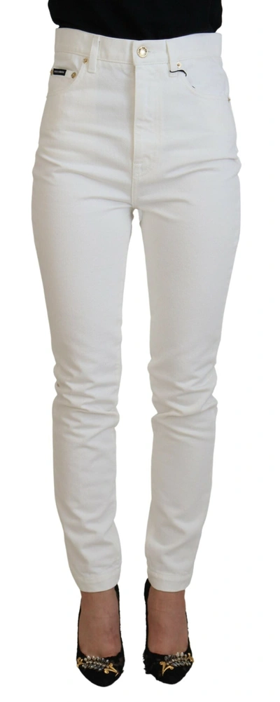 Shop Dolce & Gabbana Off White High Waist Skinny Denim Cotton Jeans