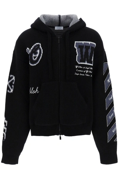Shop Off-white Jacquard Knit Zip-up Hoodie In Black