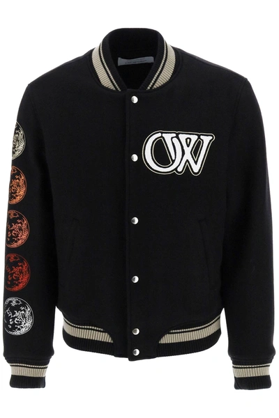 Shop Off-white Moon Phase Embroidered Varsity Bomber In Black